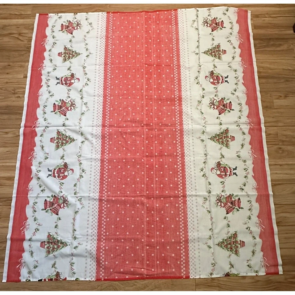 Vintage Christmas Tablecloth Santa Claus Tree Bell Red White Holiday 72x60
